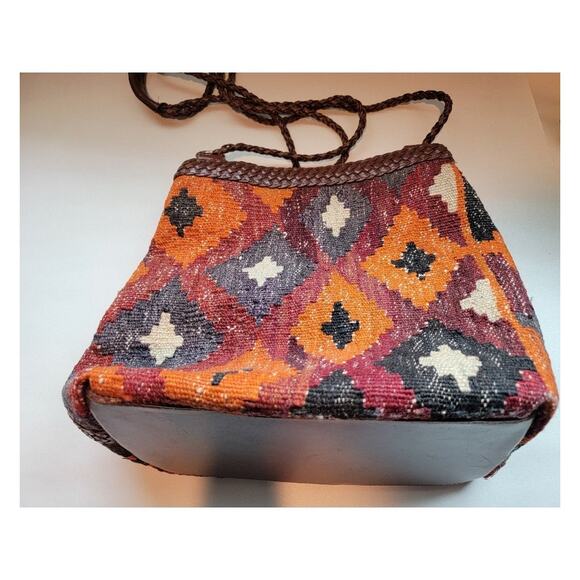 Vintage J Simone Crossbody Bag 70s MCM Woven Kilim Double Strap Brown Orange - Picture 2 of 11